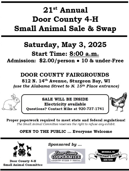 Small Animal Swap May 3, 2025 at 8:00 am, Door County Fairgrounds