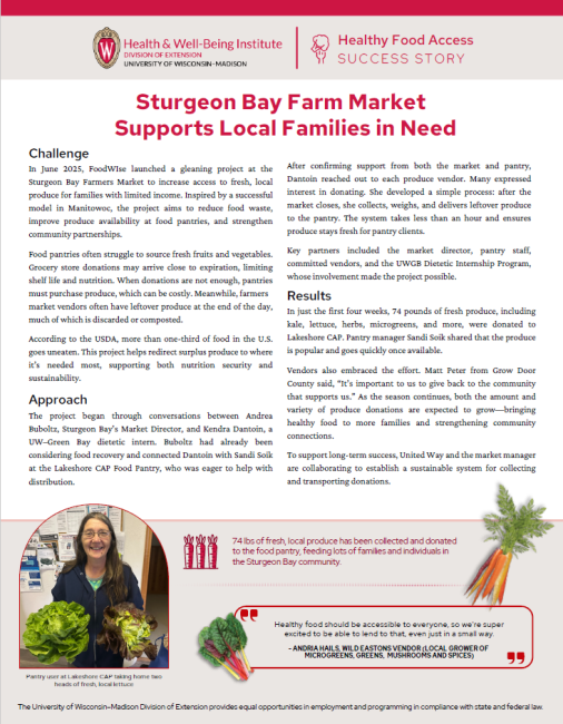 Sturgeon Bay farm market provides 74 pounds of food for pantry.