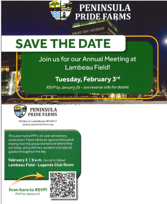 Peninsula Pride Farms annual meeting Lambeau Field, Feb. 3rd and link