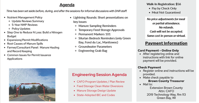 CAFO Agenda and cost $56 Walk-in and $46 fee one week in advance. Linked to registration page.