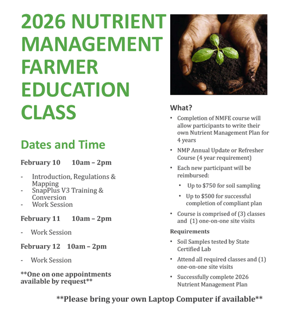 Nutrient Management Class, Feb 10-12. Contact Travis Engels at 920-845-9742 with questions. Image is linked