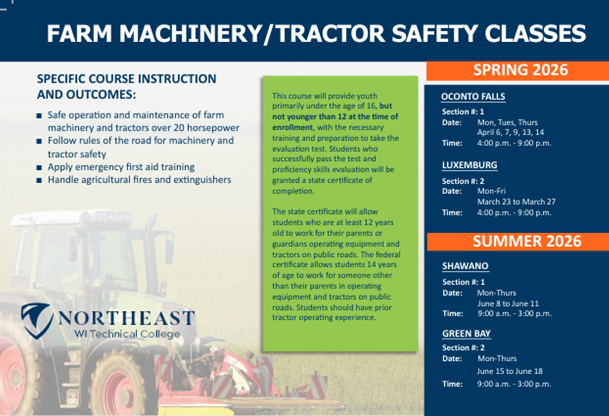 Tractor Safety Classes offered through NWTC follow link for additional information