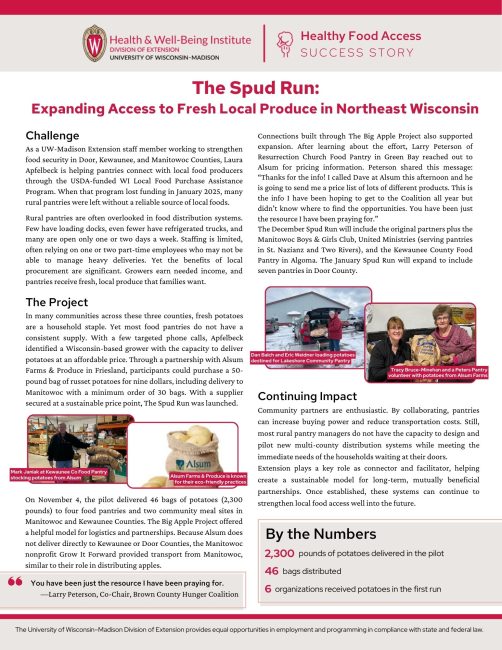 The Spud Run.  2,300 pounds of potatoes delivered in pilot program to food pantries in Door, Kewaunee and Manitowoc.