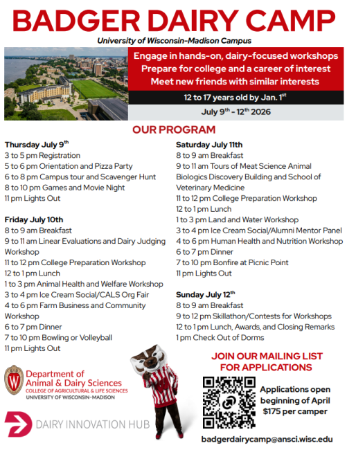 Badger Dairy Camp July 9 - 12, 2026.  $175. Held at UW Madison.  Image is linked to website.