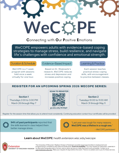 WeCope 7 week program begins March 26 - May 7 Strategies to manage stress.