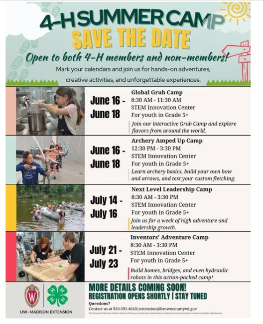 Brown County 4-H summer camps flyer. held in June and July. Linked to details.