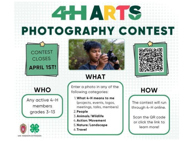 4-H Arts photography contest. Open to 4-H members grades 3-13. Contest closes April 1. QR code included.