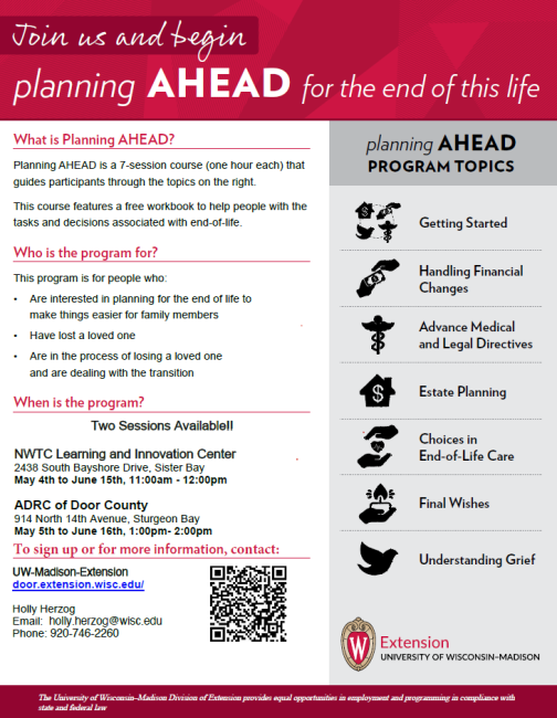 Planning Ahead Class, in-person, NWTC May 4-June 15, 11 am - 12 pm and ADRC May 5-June 16, 1 pm - 2 pm