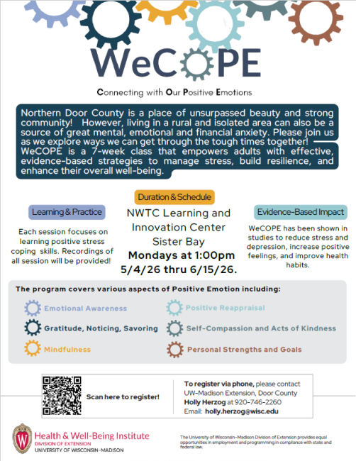 We Cope class at the NWTC Learning Center in Sister Bay, Mondays at 1 pm, May 4 - June 15th