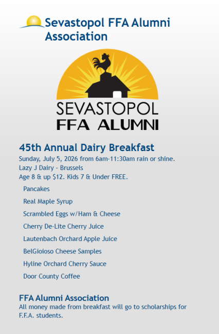 Sevastopol FFA Dairy Breakfast, July 5, 2026, 6am - 11:30am. Lazy J Dairy Brussels - linked to FFA website