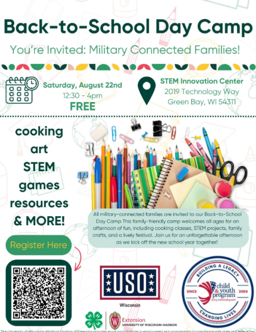 Military family day camp. August 22, 12:30-4pm, Stem Innovation Center, Green Bay, Free. Registration Required. Image linked to registration page.