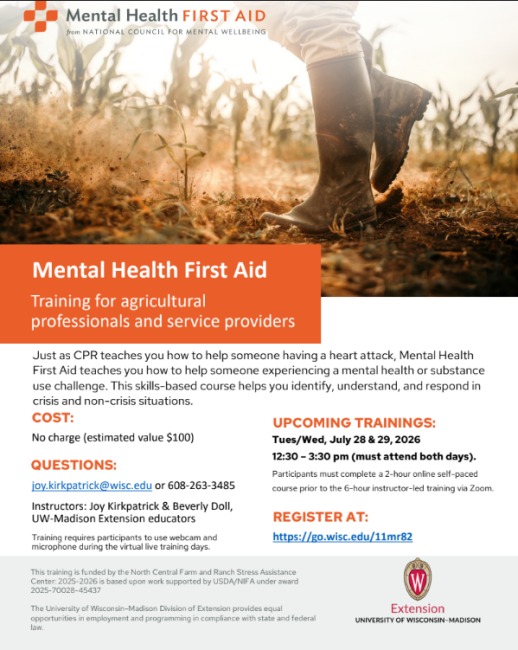 Mental Health First Aid for Farmers. Free, July 28 & 29, 12:30-3:30pm.  Virtual. Picture linked to registration.