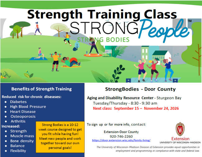 Strength Training Class. Sept 15 - Nov 24, 2026 at the ADRC.  Tuesday and Thursday from 8:30 am - 9:30 am.  Call 920-746-2260 for registration assistance.