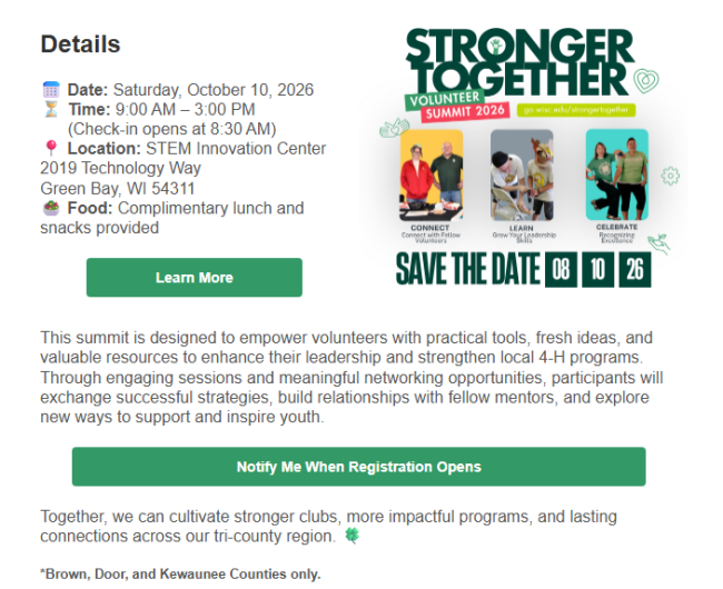 Oct. 10, 2026, 9 am - 3 pm. 2019 Technology Way, Green Bay, Lunch and snacks provided.