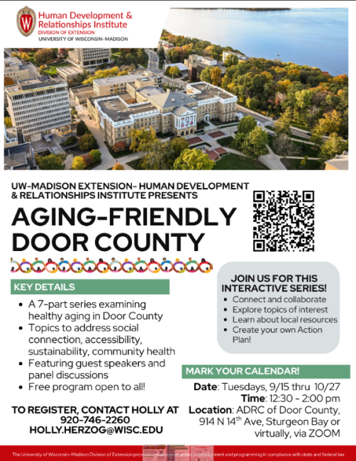 Aging friendly, 7 part series, topics address social connection, accessibility, sustainability, community health, Free, Tuesdays, 9/15-10/27 at the ADRC