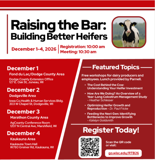 Raising the Bar: Building Better Heifers, free workshop, December 1-4, at 10:30 am. Four locations. click image for registration and info.